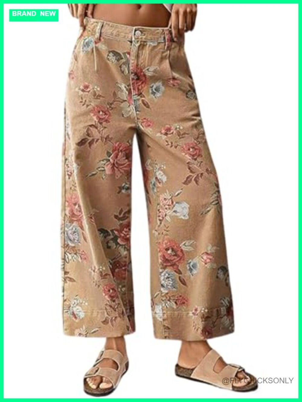 Wide Leg Cropped Floral Print Mid Rise Denim Ankle Pants